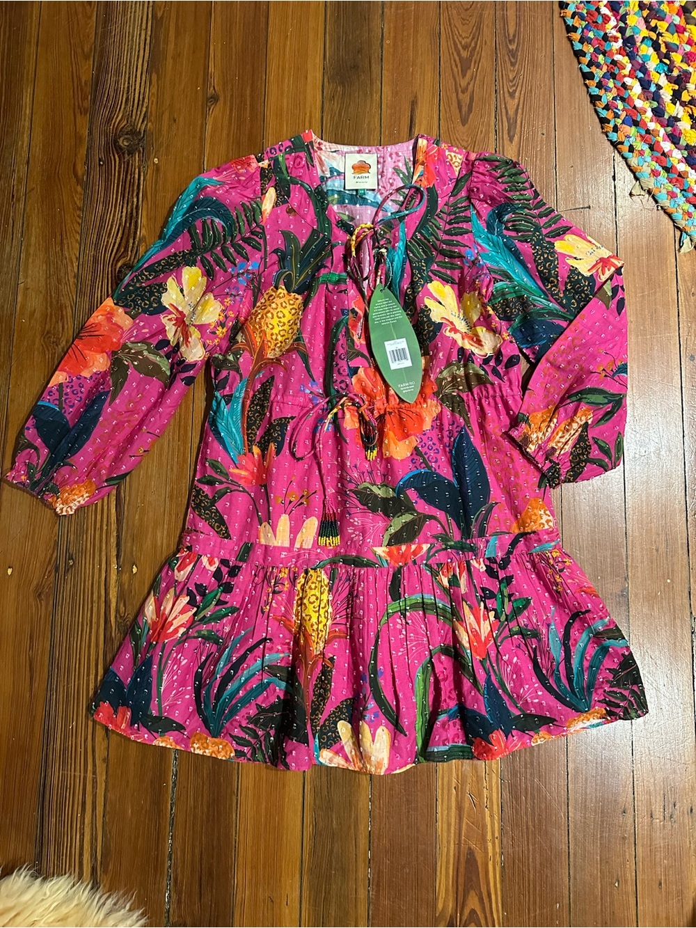 Bright Pink Tropical Print V-Neck Dress
